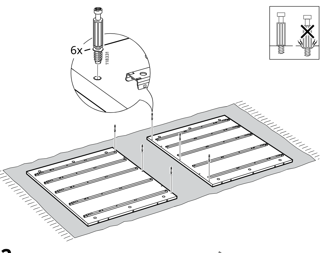 Diagram for step 1: Insert six screw studs into the marked holes of the two large panels while they lie on a soft surface, with the inset showing the correct seating depth and a do-not-overdrive warning.