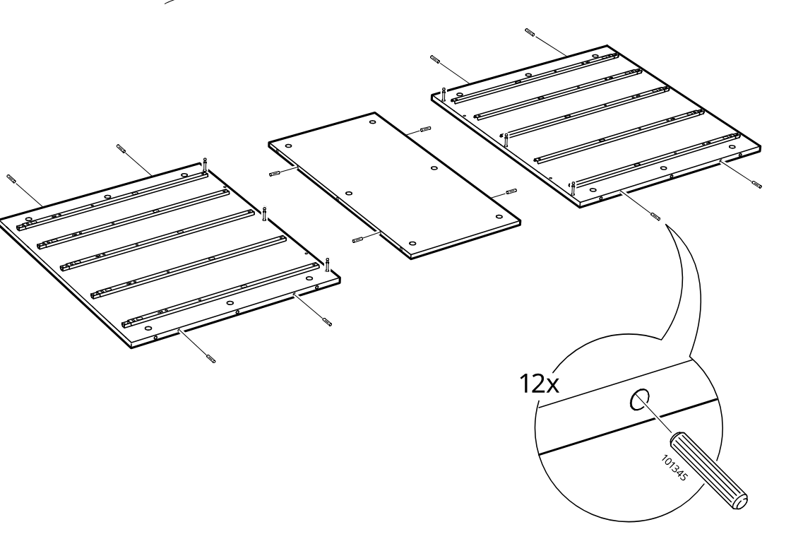 Diagram for step 2: Insert twelve wooden dowels into the edge holes of the center panel and the two large side panels, as shown by the exploded view and detail inset.
