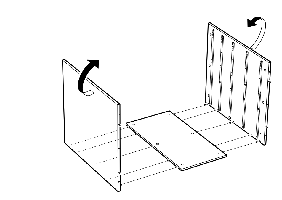 Diagram for step 3: The two side panels are rotated upright around the bottom panel to form the cabinet body.