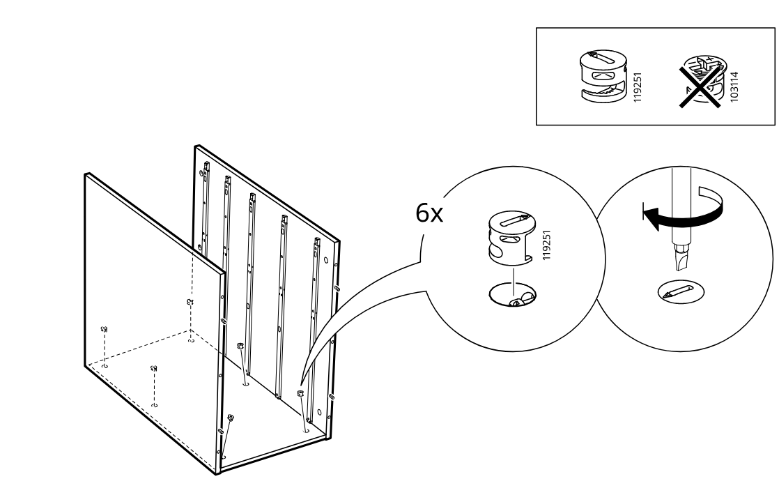 Diagram for step 4: Six cam locks 119251 are inserted into the panel holes and then turned with a screwdriver, while the inset warns not to use part 103114.