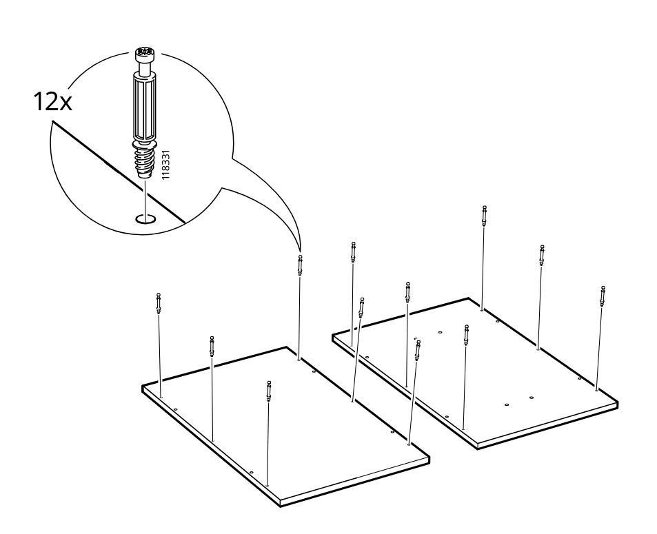 Diagram for step 5: Insert twelve cam screws into the predrilled holes of the two large panels, with a zoomed inset showing screw part 118331 being installed.