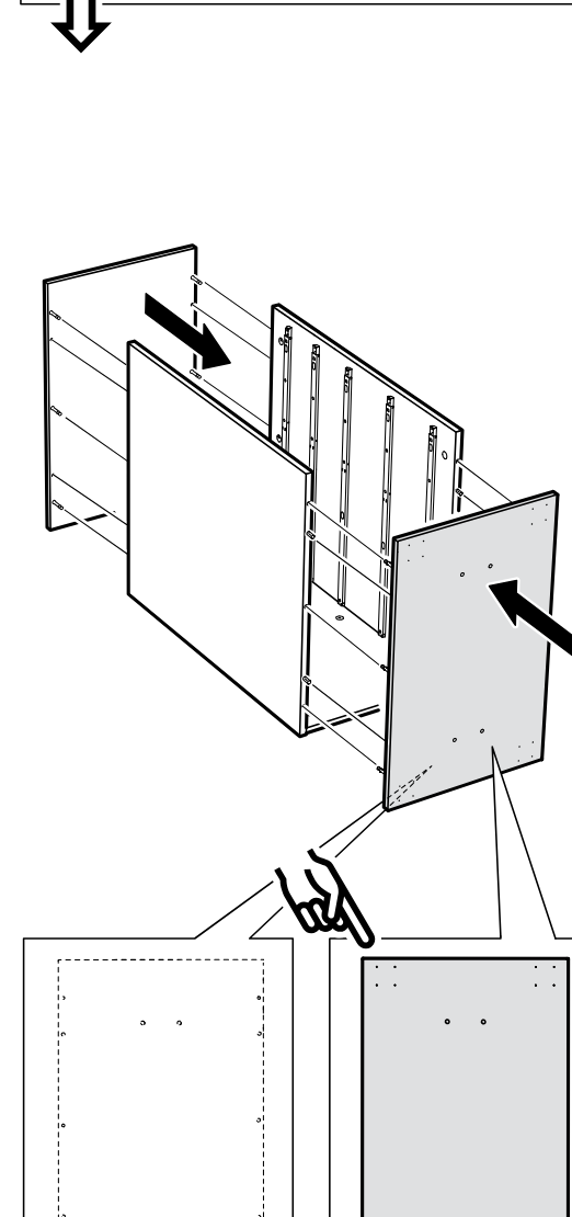 Diagram for step 6: The side panel is attached to the cabinet frame with the solid face oriented outward and the illustrated hole pattern aligned correctly.