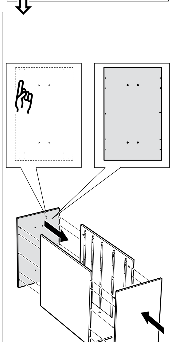 Diagram for step 7: The opposite side panel is attached to the cabinet frame while inset diagrams indicate the correct inner and outer face orientation and hole positions.