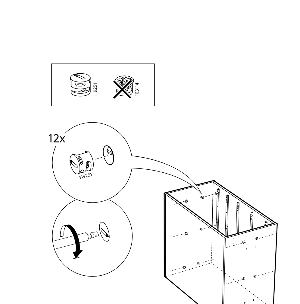 Diagram for step 8: Insert 12 cam locks into the cabinet side panels and turn them with a screwdriver to lock them in place.