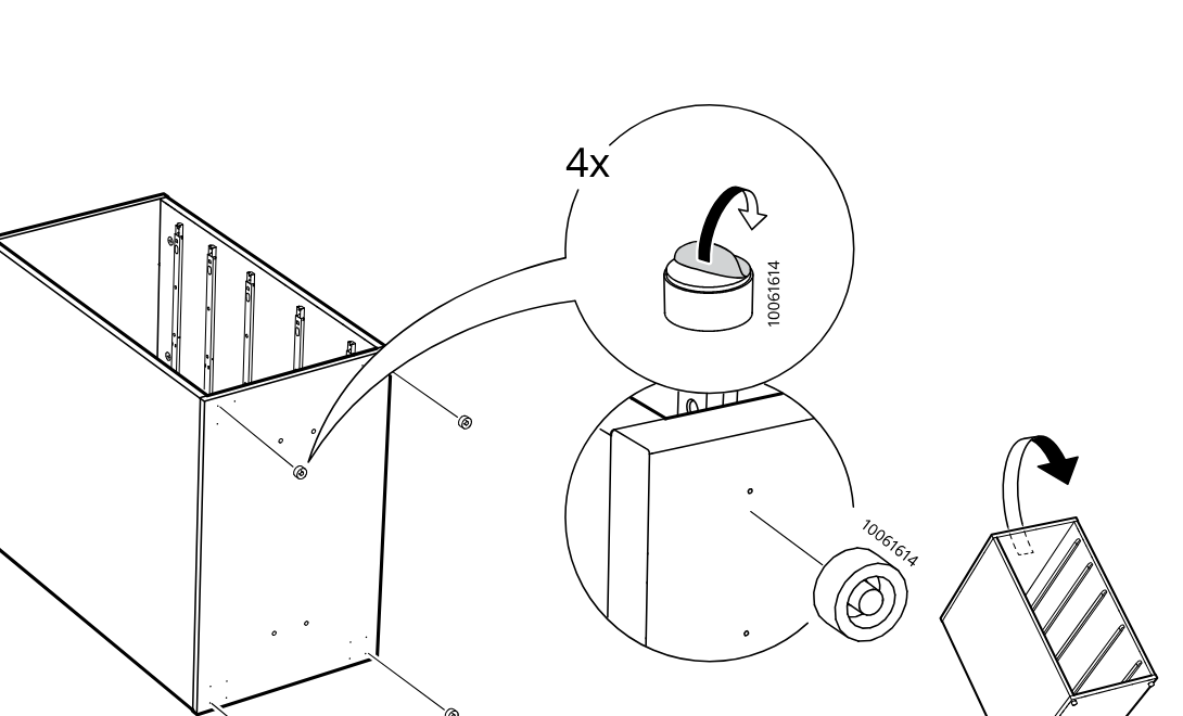 Diagram for step 9: Turn the cabinet body and install four 10061614 caps into the indicated holes at the bottom, then rotate the unit as shown.