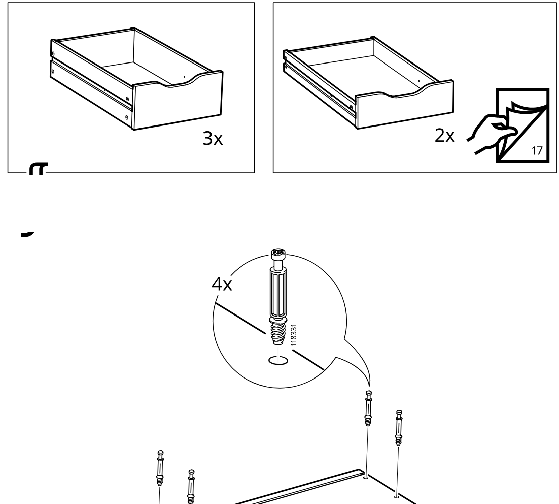 Diagram for step 10: Insert four 118331 screw pins into the four holes of the shaped drawer front panel while the top reference panels indicate the required drawer subassemblies.