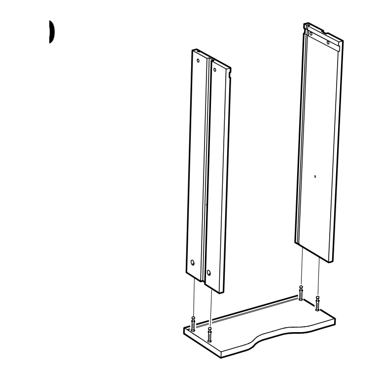 Diagram for step 11: Two side panels are lowered onto the base panel with the preinstalled dowels and rail aligned between them.