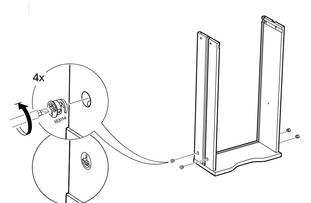 Diagram for step 12: Four cam locks are inserted from the outer sides and turned to secure the two side panels to the base, with a zoom callout showing the locking direction.