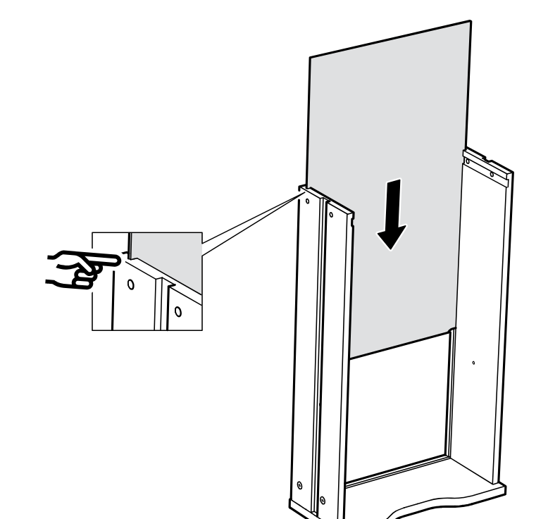 Diagram for step 13: The large back panel is lowered down into the grooves between the two side panels, with an inset showing the panel aligned in the slot.