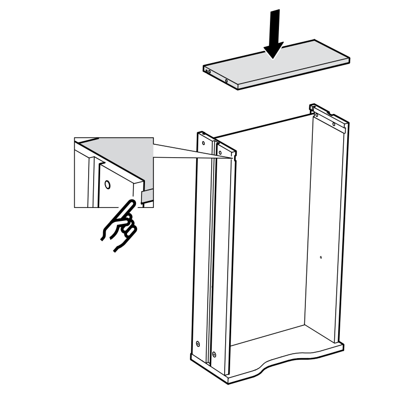Diagram for step 14: The top shelf panel is lowered onto the cabinet frame, with an inset showing the edge fitting into place at the side.