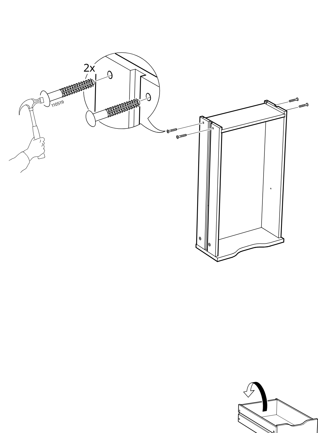 Diagram for step 15: Hammer two nails into the side panels at the marked holes near the top of the cabinet frame, then turn the drawer upright as indicated.