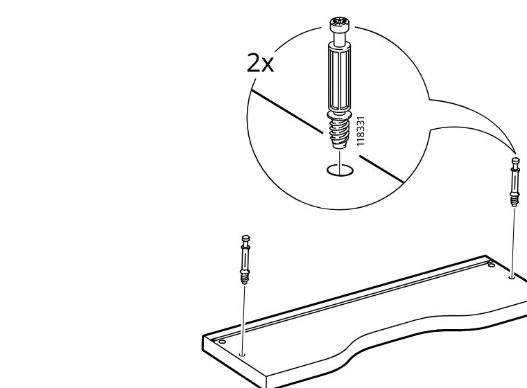 Diagram for step 17: Two cam bolts are inserted into the front panel, with a zoom callout identifying part 118331 and showing the insertion orientation twice.