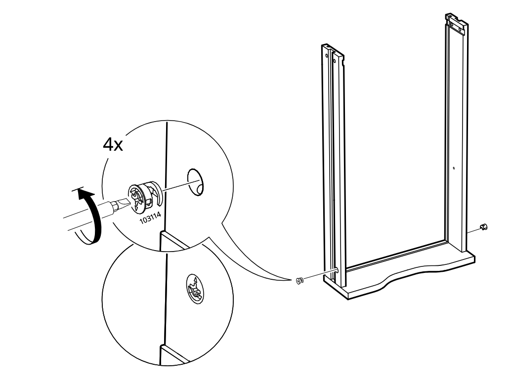 Diagram for step 19: Four cam locks labeled 103114 are inserted and turned to secure the two side panels to the bottom panel, as shown in the enlarged detail.