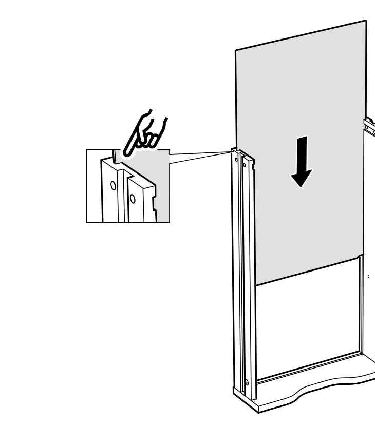 Diagram for step 20: Slide the large back panel downward into the side grooves of the frame, aligning it as shown in the inset.