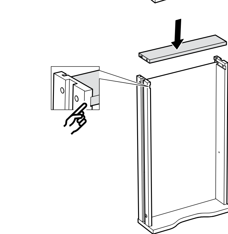 Diagram for step 21: Lower the narrow top board onto the assembled side frame, with the inset showing the side alignment detail.