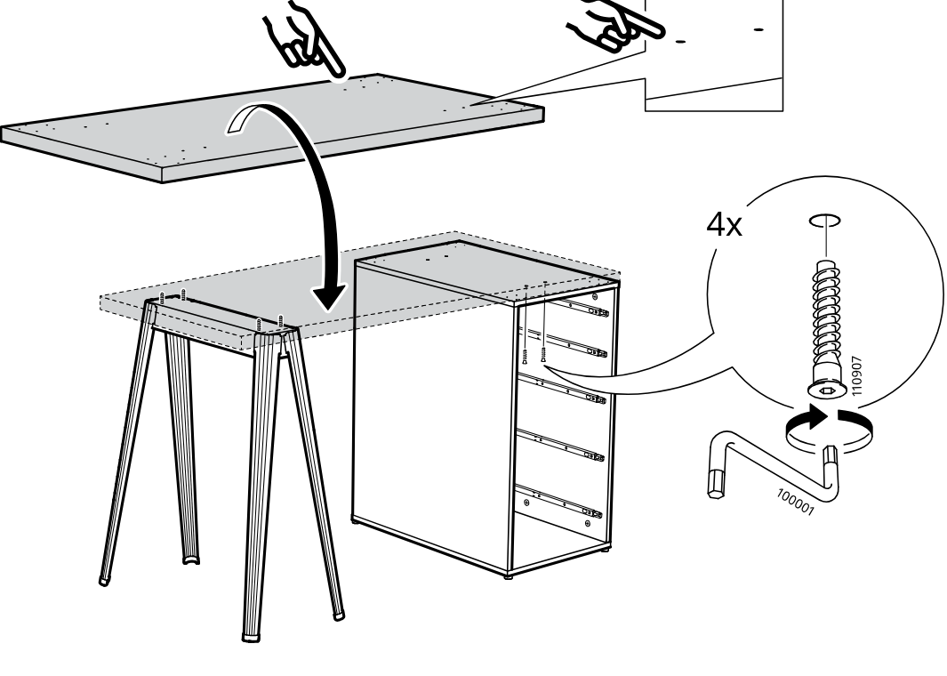 Diagram for step 23: Place the tabletop onto the leg trestle and drawer unit, align the marked pilot holes, and fasten it with four screws using the hex key.
