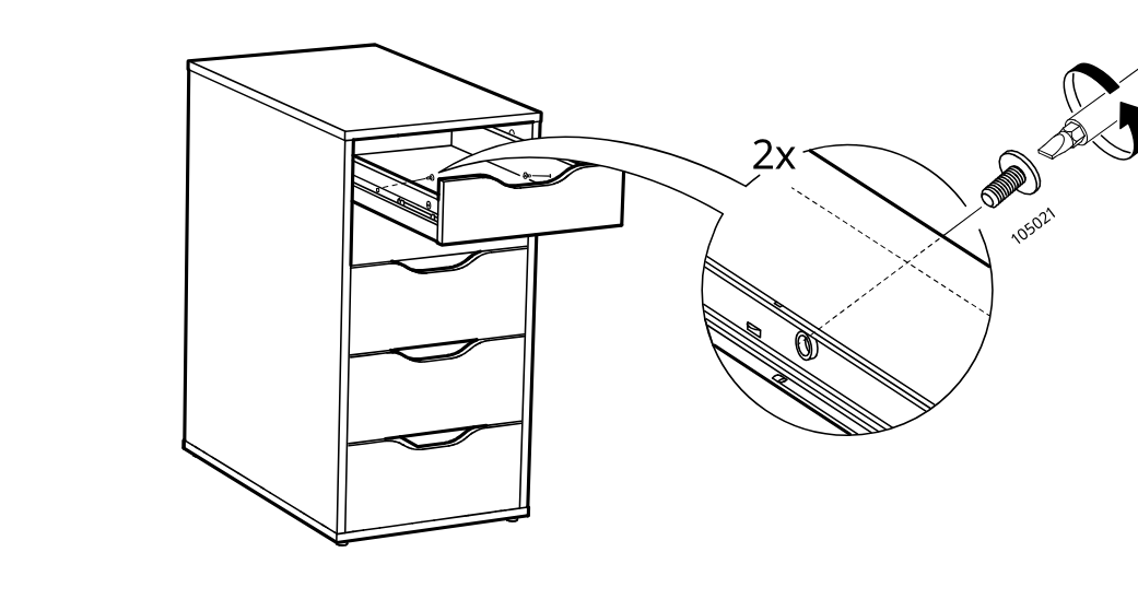 Diagram for step 24: Tighten two screws labeled 105027 on the side of the open top drawer runner area using a screwdriver, as shown in the enlarged inset.