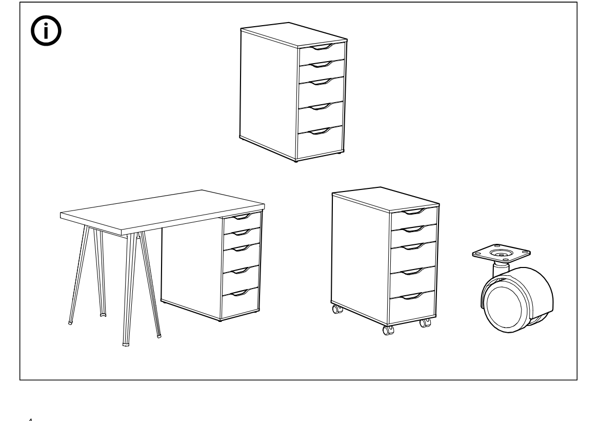 Illustration for assembly note: Support panel with information icon showing approved uses of the drawer unit: used alone, placed under a desk, fitted with casters, and a close-up of a caster.