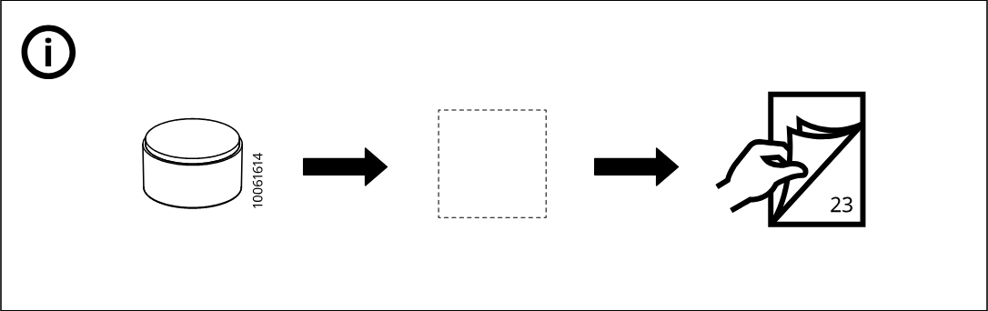 Illustration for assembly note: Support panel with circled i showing the cap part 10061614, a dashed placeholder box, and instruction to continue at page 23.