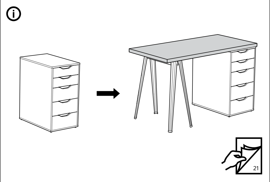 Illustration for assembly note: Support panel with circled information icon showing a drawer unit being used together with a tabletop and legs to form a desk, plus a booklet/page-turn icon referencing step 21.