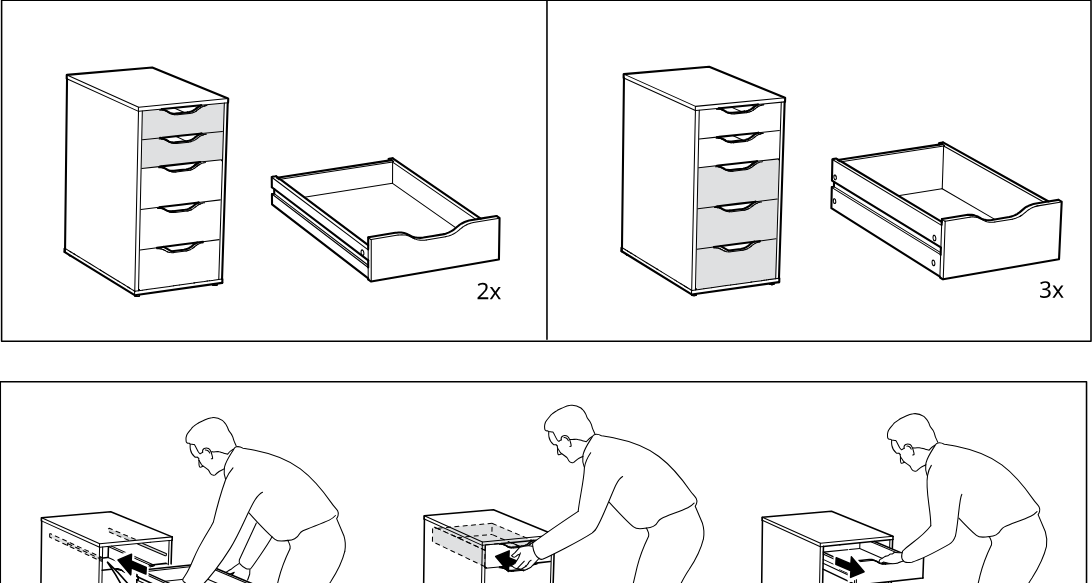 Illustration for assembly note: Reference panel showing two drawer-unit variants with the number of drawers to remove before assembly: remove 2 drawers for one variant and 3 drawers for the taller variant.