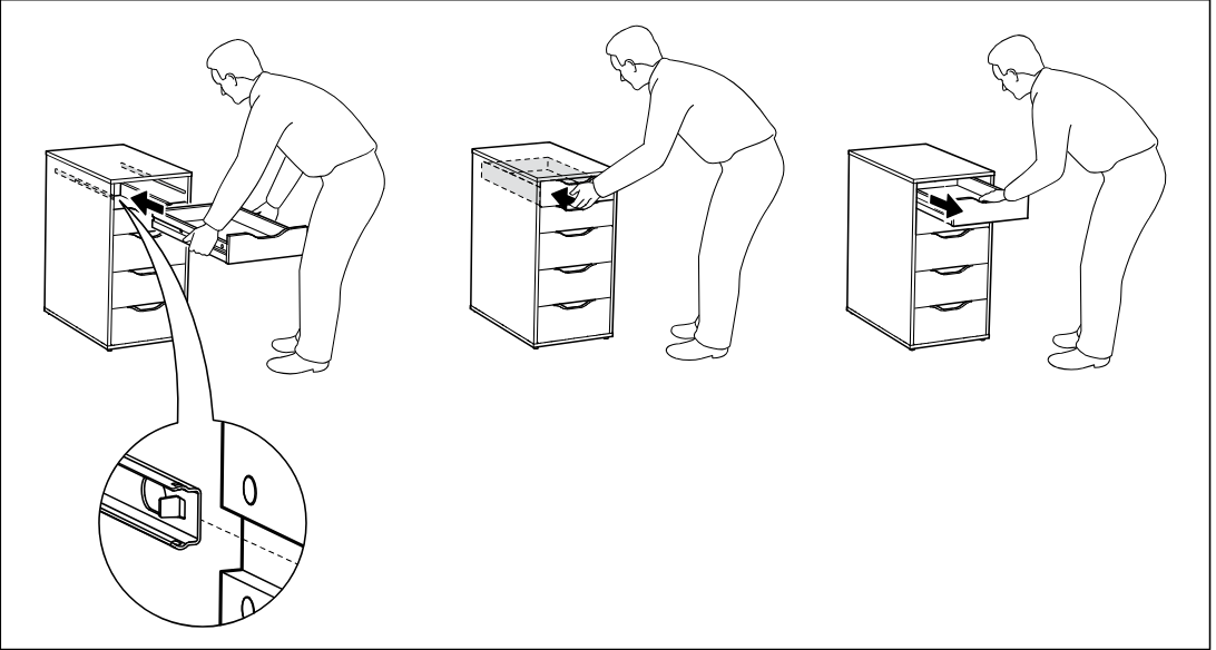 Illustration for assembly note: Support panel showing how to pull a drawer out, press the release catches on both runners, and remove the drawer, with a zoom inset of the runner latch.