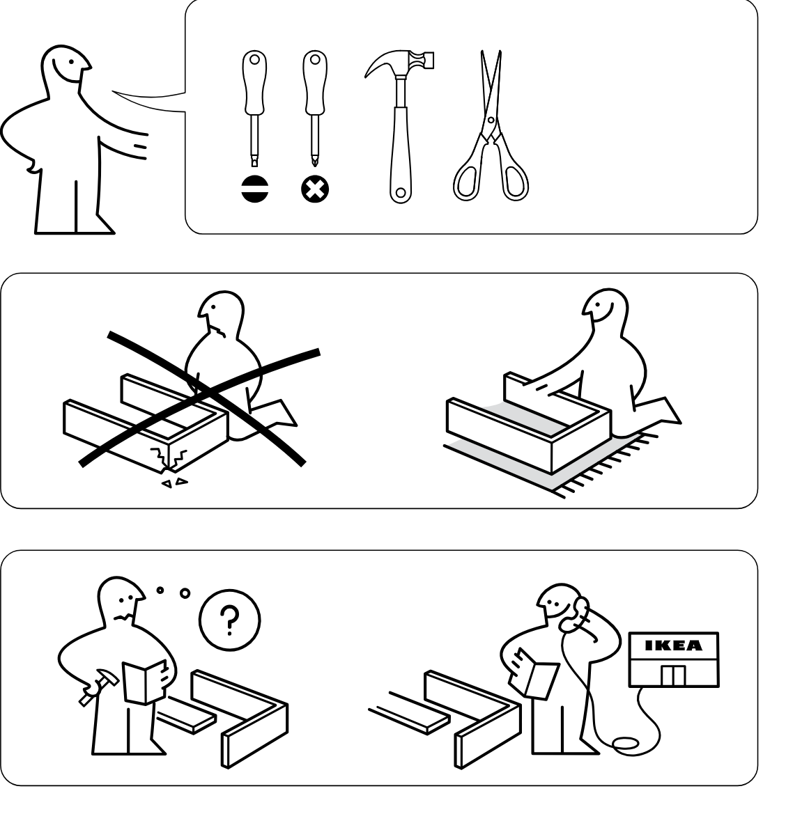 Illustration for assembly note: Three stacked preparation/safety panels show required tools, warn against assembling on a hard surface, and advise reading instructions or contacting IKEA if parts are unclear or missing.
