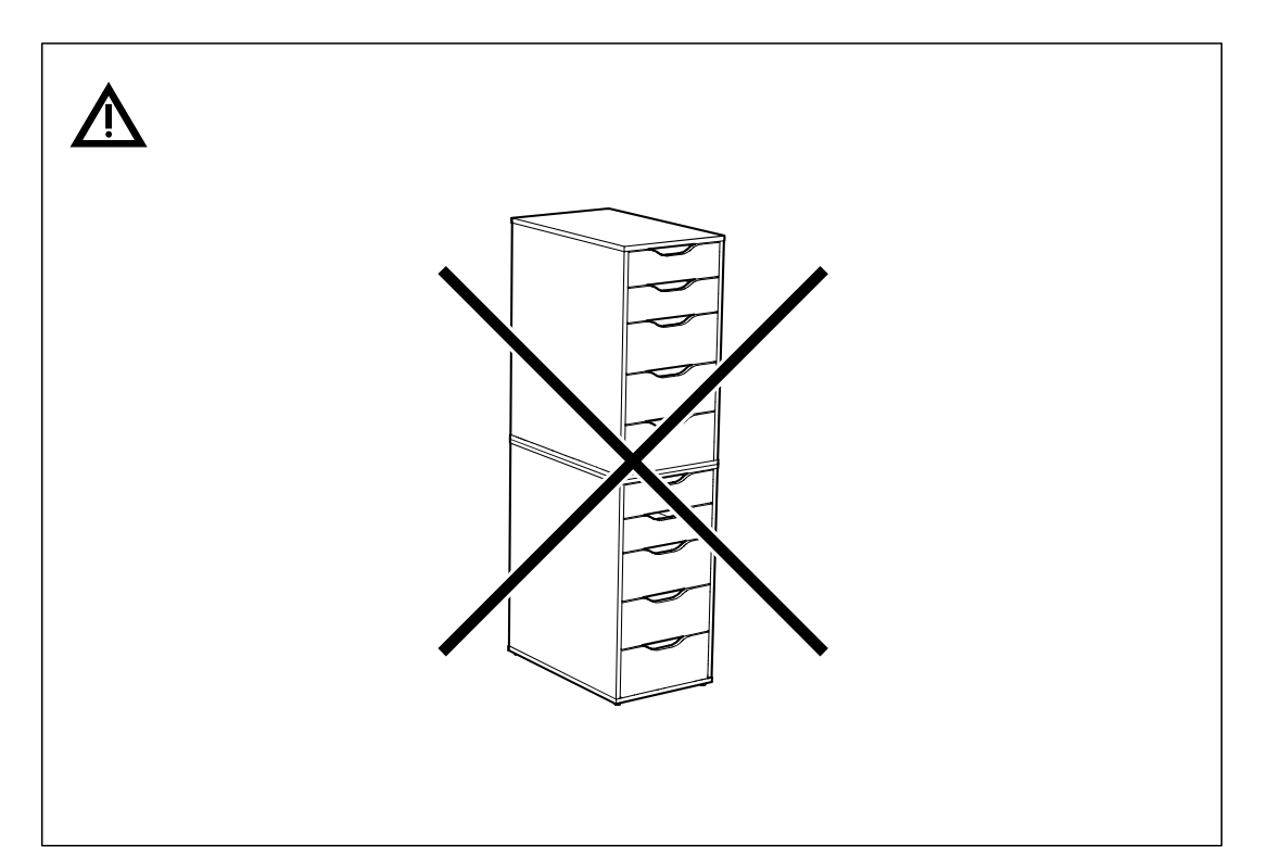 Illustration for assembly note: Warning panel showing that two drawer units must not be stacked on top of each other, indicated by a large crossed-out illustration.