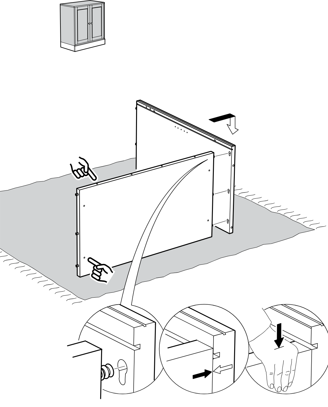 Diagram for step 1: The side panels are aligned and connected while the lower edge detail is shown in three zoom circles indicating hook alignment, lateral sliding engagement, and a downward press to lock.