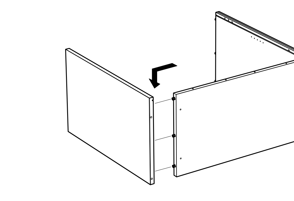 Diagram for step 2: The left side panel is moved inward and aligned to connect with the front edge fasteners of the partially assembled frame.