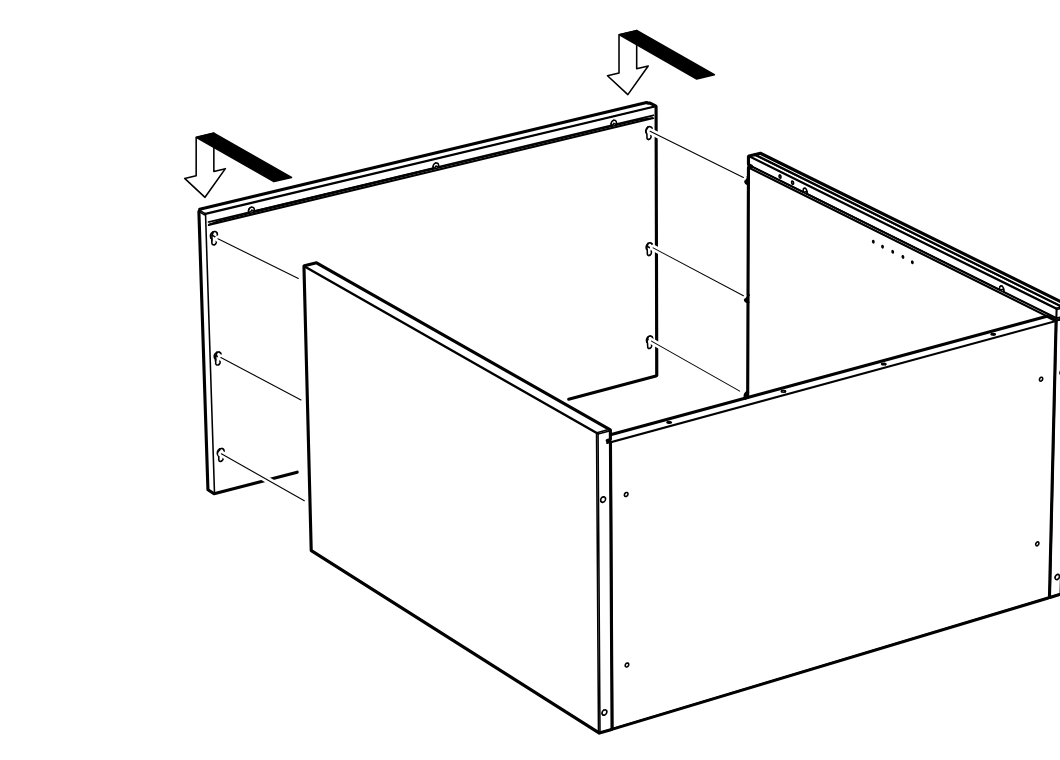 Diagram for step 3: The top panel is lowered from above and hooked onto the side and rear panel connectors to form the upper structure.