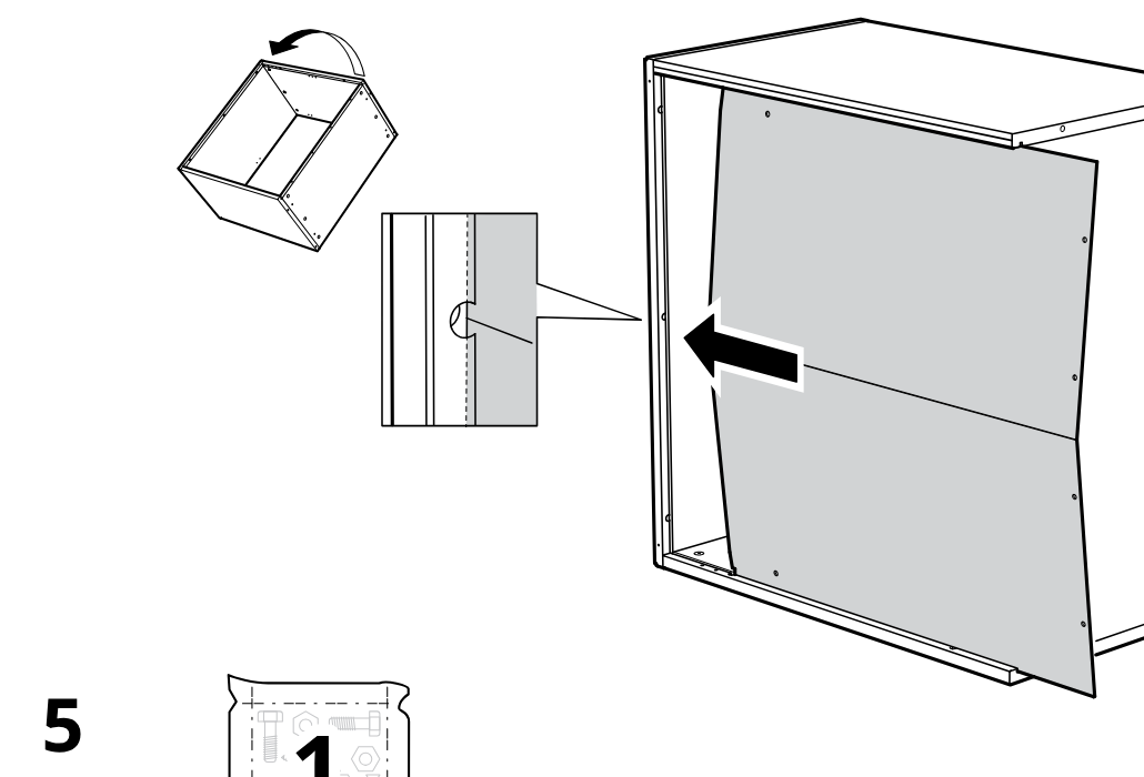 Diagram for step 4: The cabinet is rotated and the large back panel is slid into the rear groove, with a zoom inset showing the panel edge alignment.