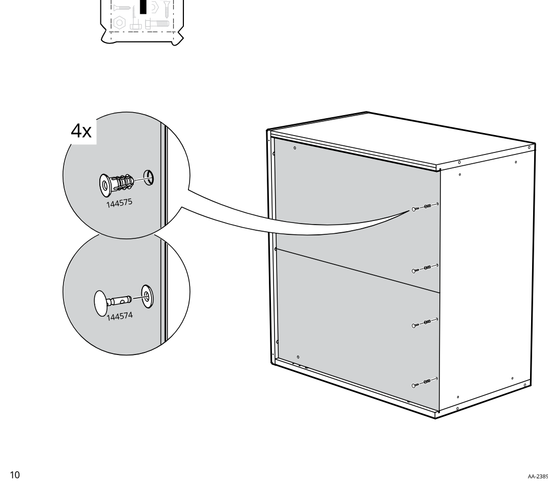 Diagram for step 5: Four fasteners are installed along the panel edge, with zoom callouts showing two hardware orientations (144575 and 144574).