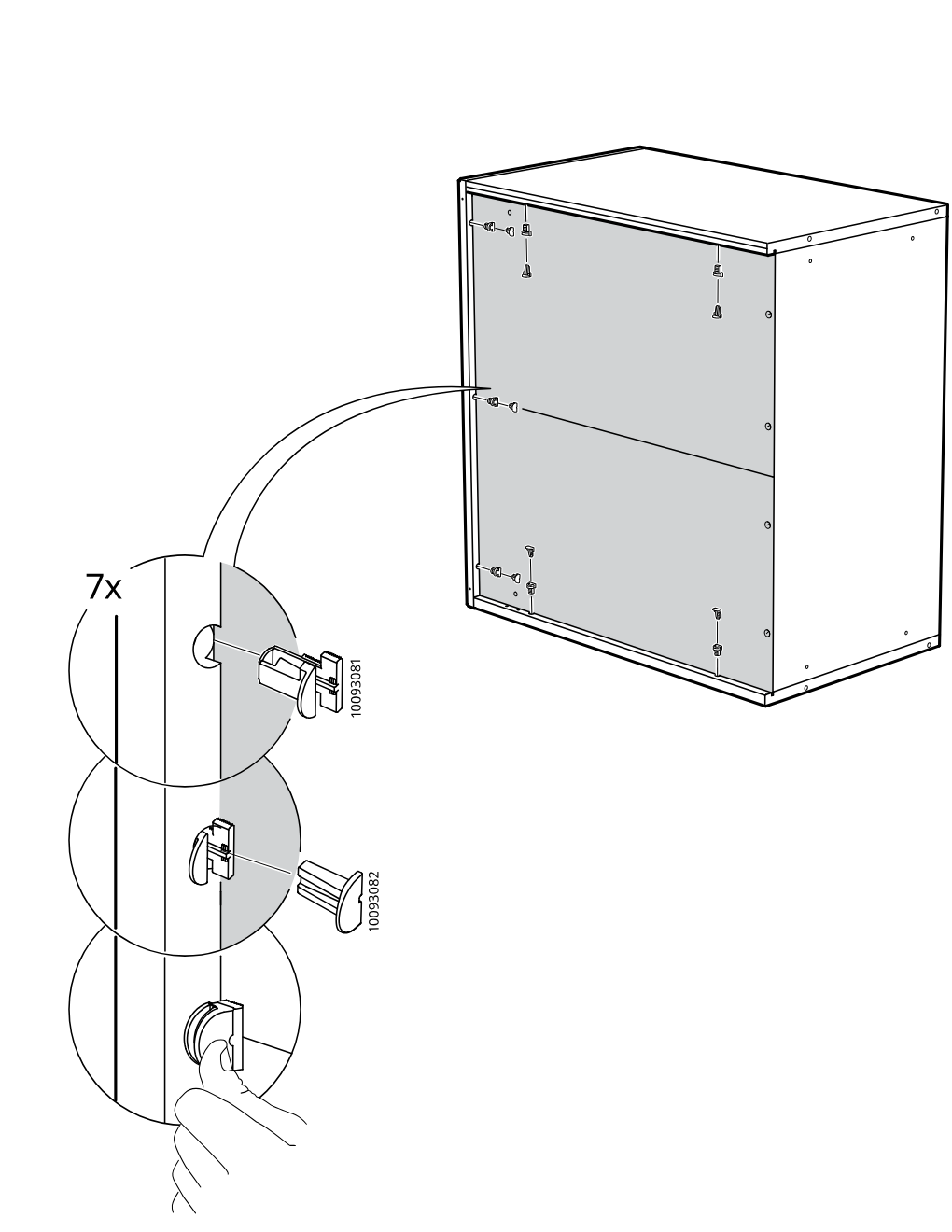 Diagram for step 6: The installer inserts and turns seven cam-lock fasteners into the side holes while the zoom callouts show insertion orientation and finger-turn locking.