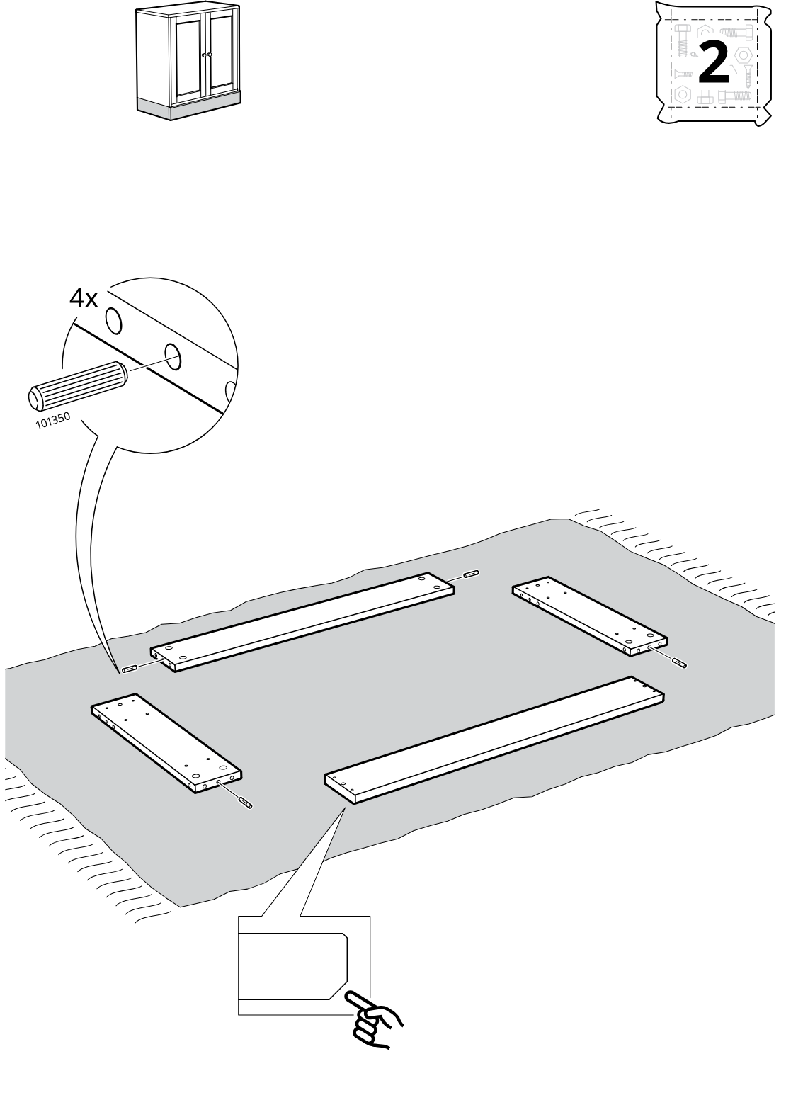Diagram for step 7: The user inserts four 101350 dowels into the indicated side panel holes while orienting the boards correctly as shown in the hand-pointed detail.
