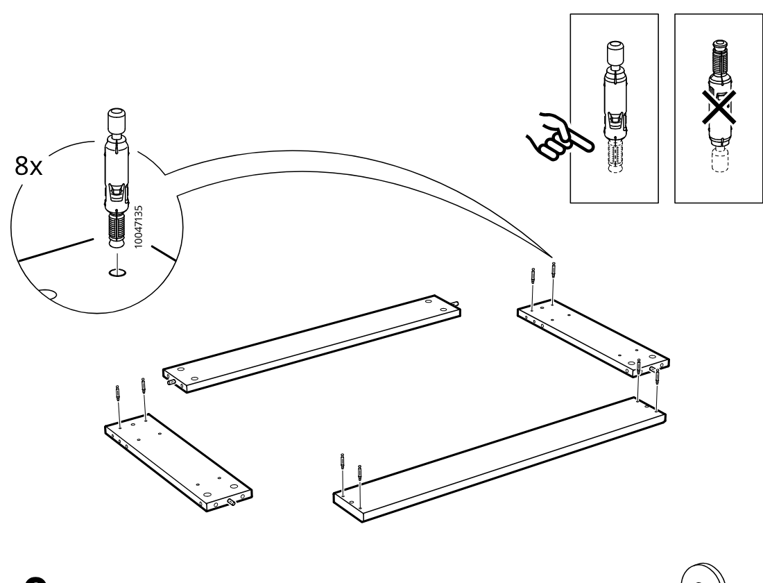Diagram for step 8: The assembler inserts eight cam bolts into the indicated holes on four panels, with the callout showing the correct bolt orientation and warning against using the wrong threaded variant.