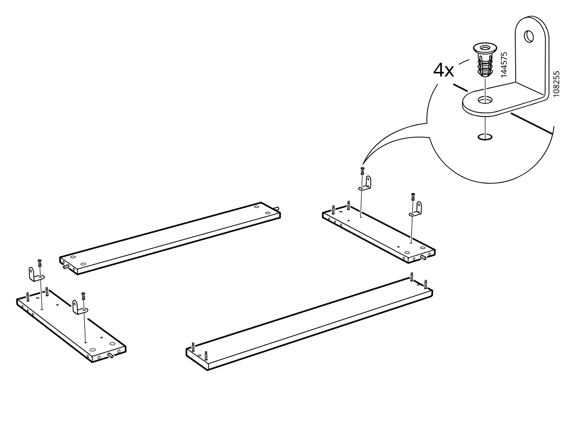 Diagram for step 9: The assembler mounts four metal L-brackets onto the predrilled holes of two short panels using four screws, as shown in the enlarged bracket-and-screw callout.