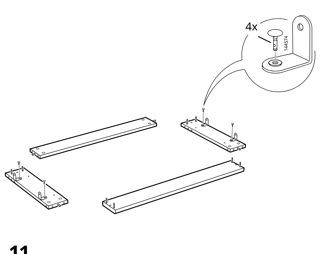 Diagram for step 10: The side panels are prepared by inserting four fasteners into the metal brackets and preinstalled holes, with the hardware detail shown in a zoom callout.