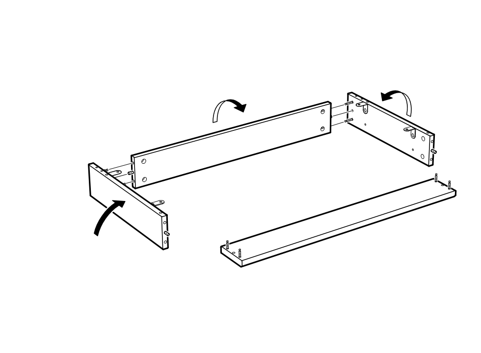 Diagram for step 11: The two side panels are rotated upright and aligned toward the long panel/base so the corner joints can be connected.