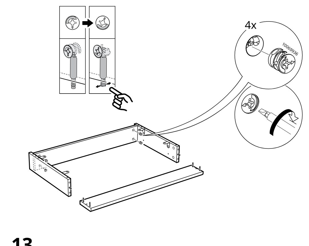 Diagram for step 12: The cam locks are turned and tightened (4x, part 1069936) while aligning and securing the drawer frame pieces with the front panel positioned for assembly.