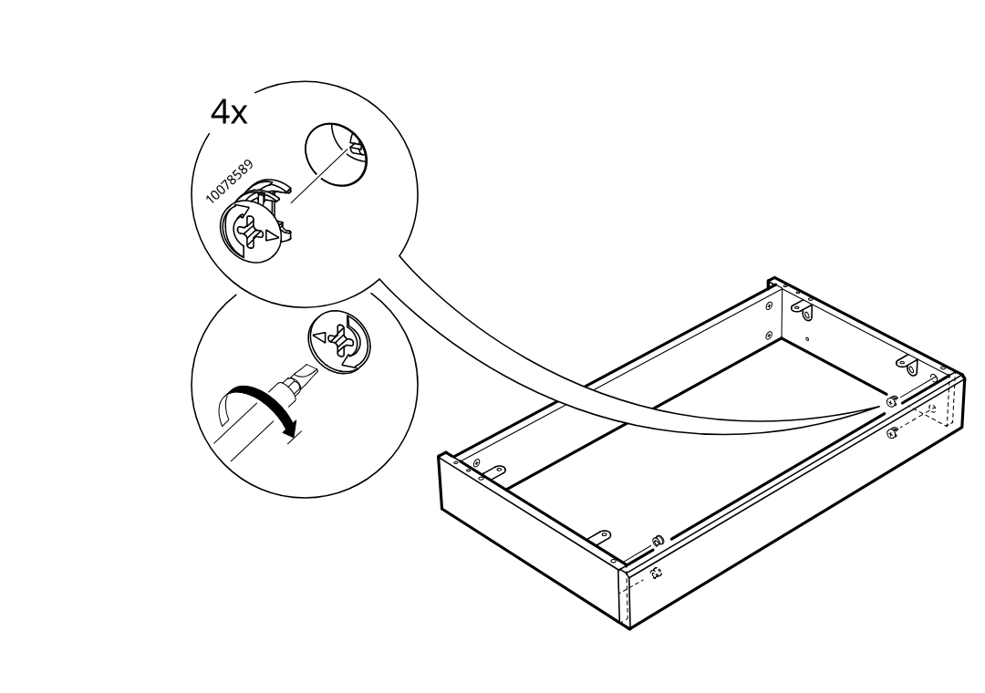 Diagram for step 14: Insert and turn four cam locks (10075889) to secure the side connections of the rectangular frame.