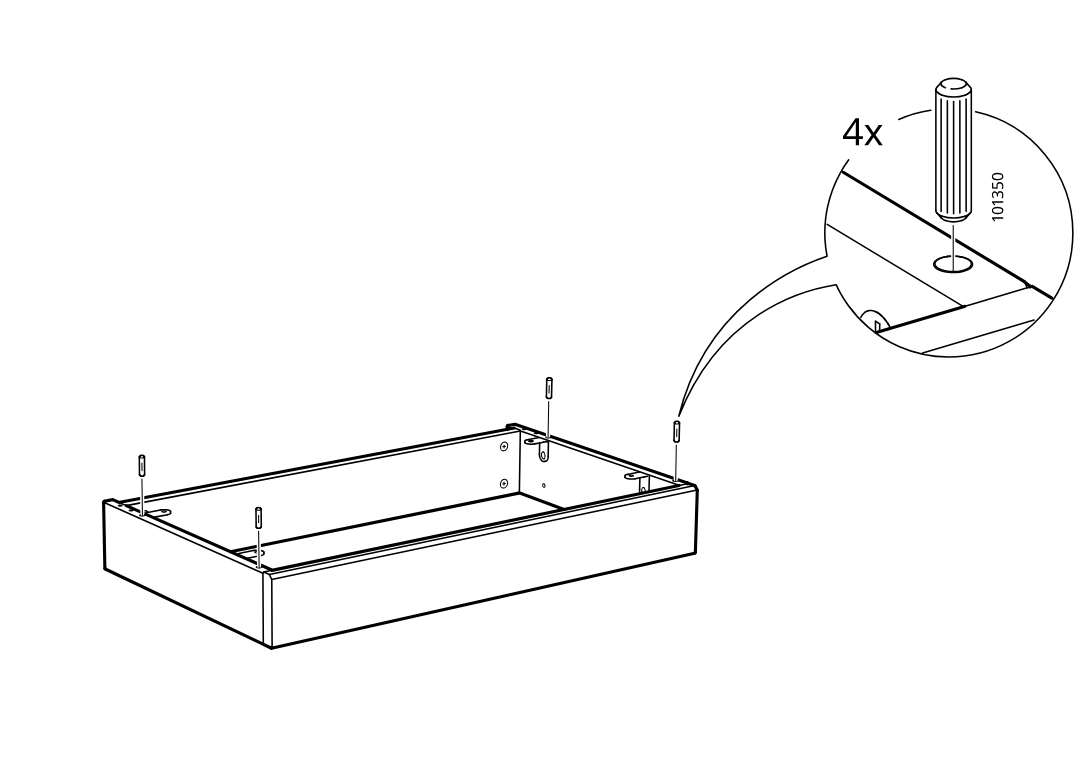 Diagram for step 15: Insert four wooden dowels (101350) into the top corner holes of the assembled frame.