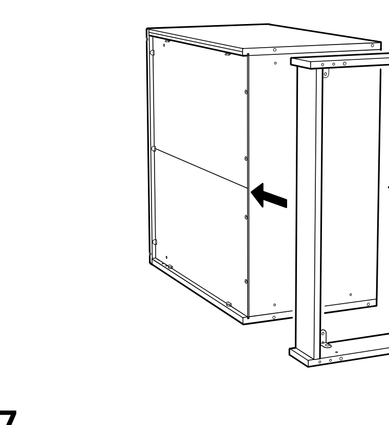 Diagram for step 16: The side cabinet frame is slid inward from the right and joined to the main cabinet body as shown by the left-pointing arrows.