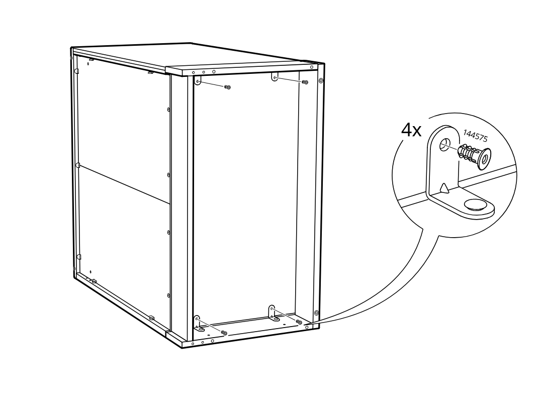 Diagram for step 17: Four screws (part 144575) are fastened into the interior corner brackets to secure the joined cabinet structure.