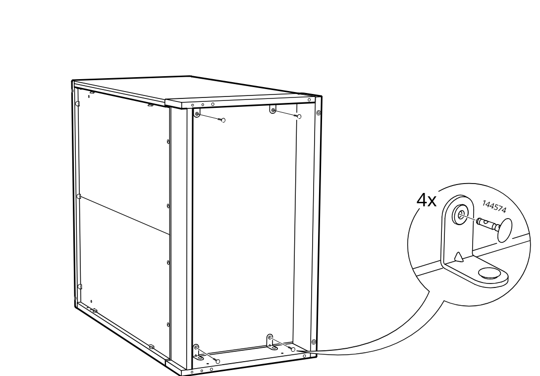 Diagram for step 18: The frame is secured with four angle brackets using cam-lock fasteners, shown with a zoomed detail of part 144574.