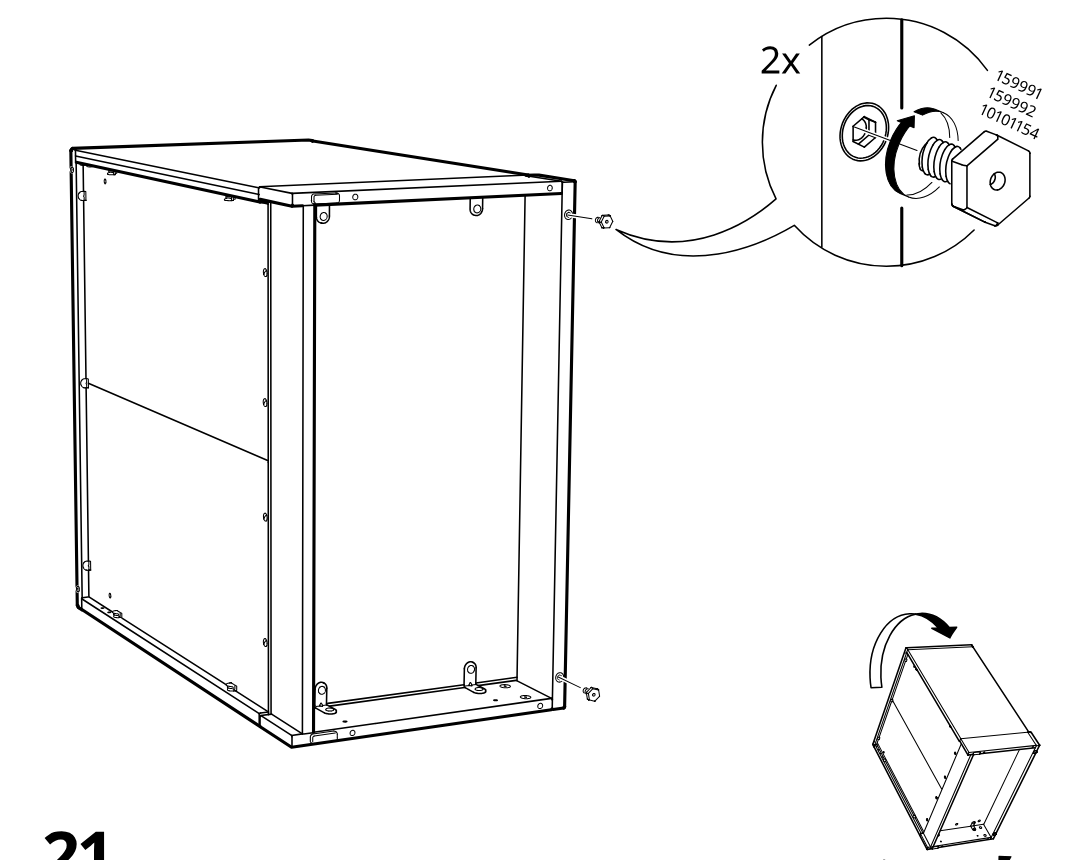Diagram for step 20: The cabinet frame is secured with two cam-lock fasteners and then rotated as indicated.