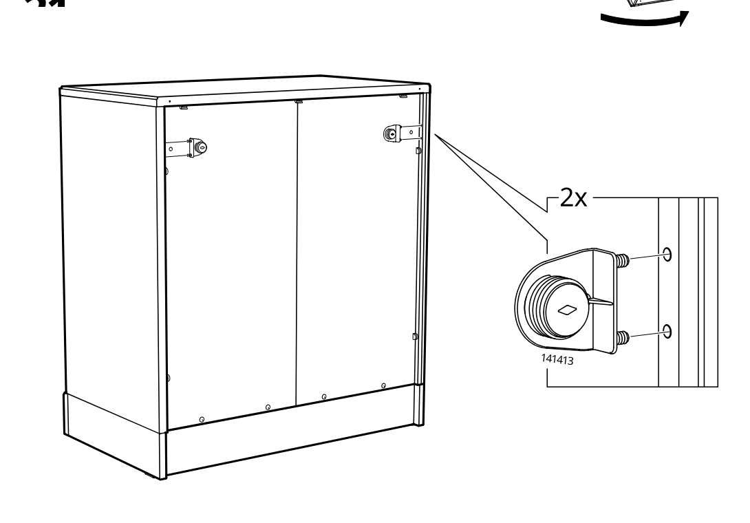 Diagram for step 21: Two 141413 latch parts are mounted on the cabinet side using screws in the marked positions.