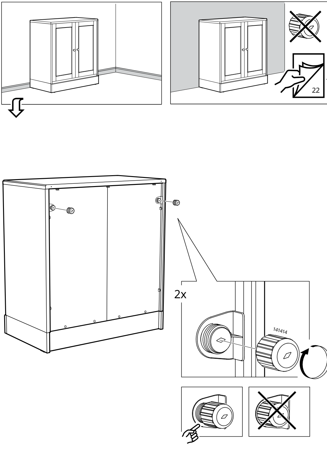 Diagram for step 22: The cabinet is turned to access the back, two fasteners are installed and tightened (2x), and the cap is rotated correctly by hand with examples of correct and incorrect orientation.
