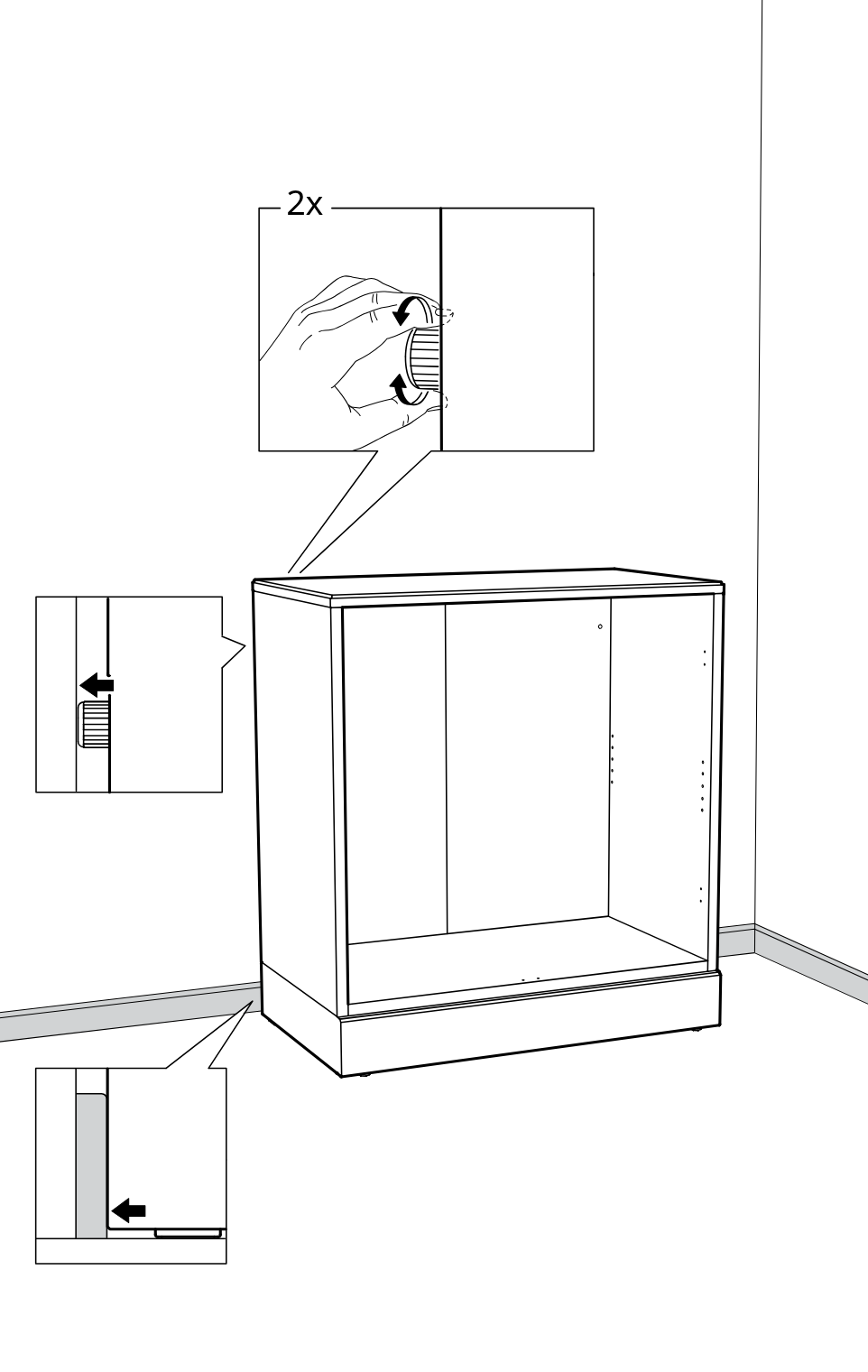 Diagram for step 23: The installer presses and twists two locking cams at the top edge, then pushes side and bottom clips fully inward to secure the cabinet frame.