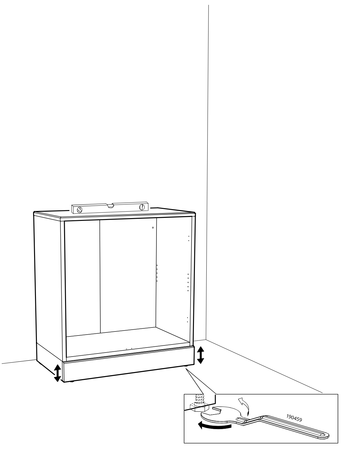 Diagram for step 24: The cabinet is leveled against the wall by adjusting the base feet up or down using the included wrench.